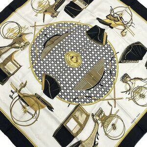 Auth HERMES Carre 90 - White Black Multi Scarf